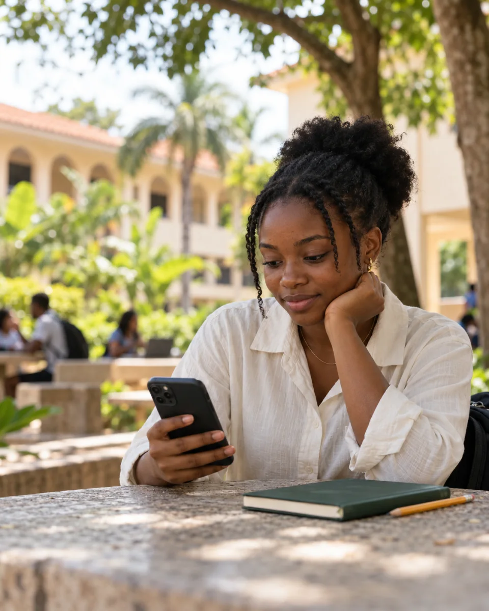 Illustrative image of a Ghanaian student reading her phone at a campus study table.